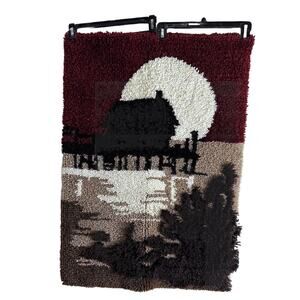 Vintage 1970 Latch hook Wall Hanging Dock house On Water Sunset Unique 25X34